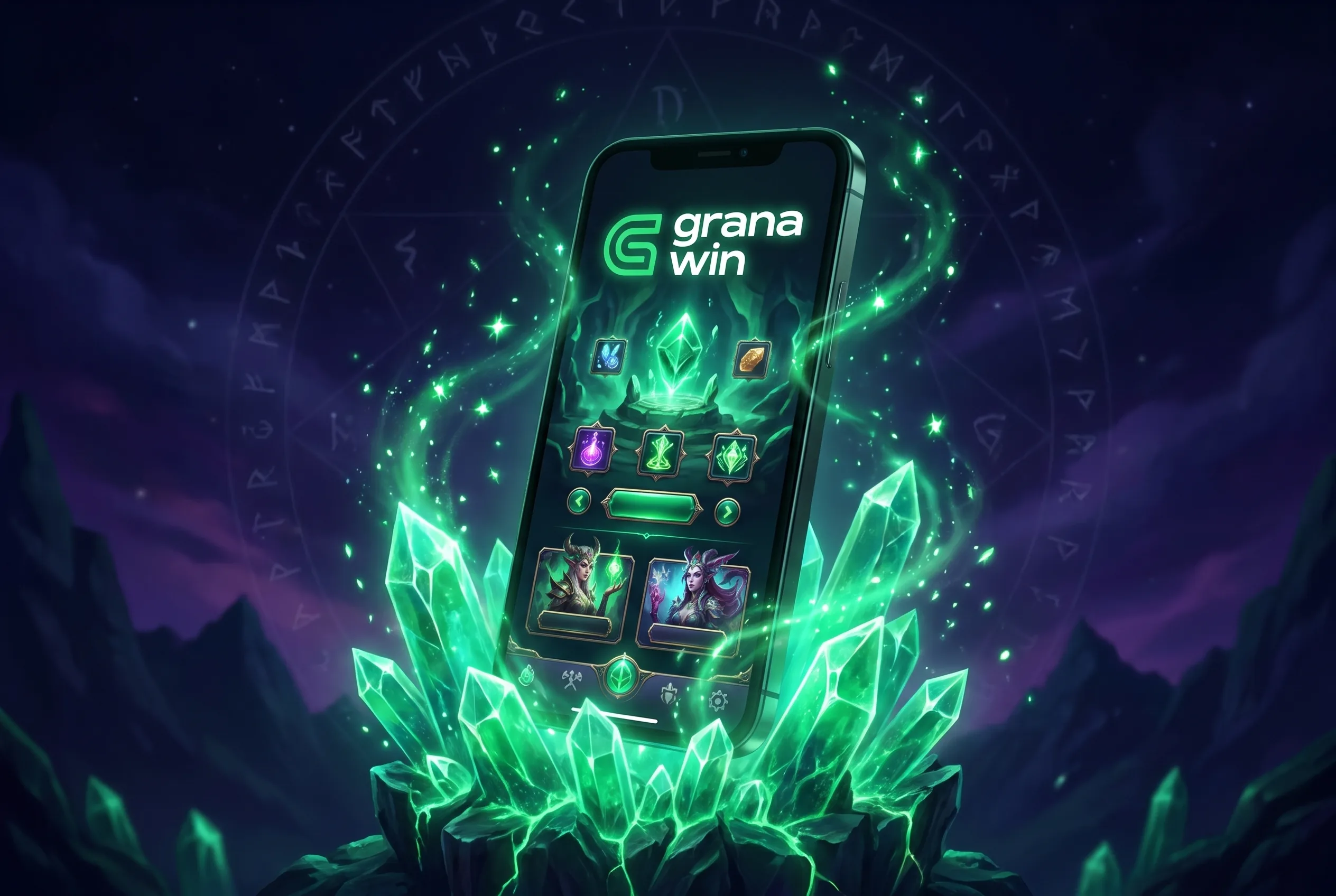GranaWin mobile app surrounded by emerald crystals