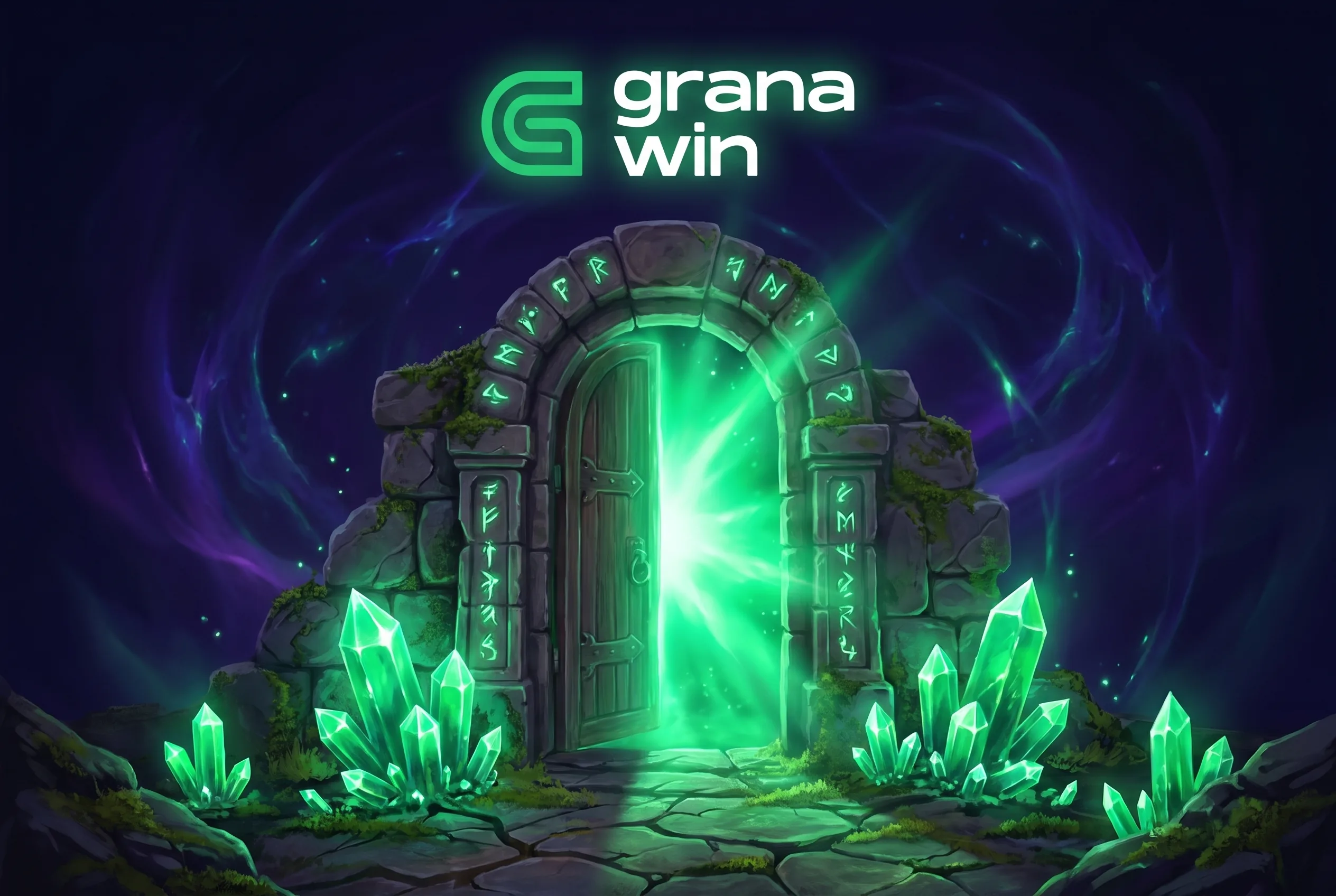 GranaWin sign-up illustration in an emerald crystal cave